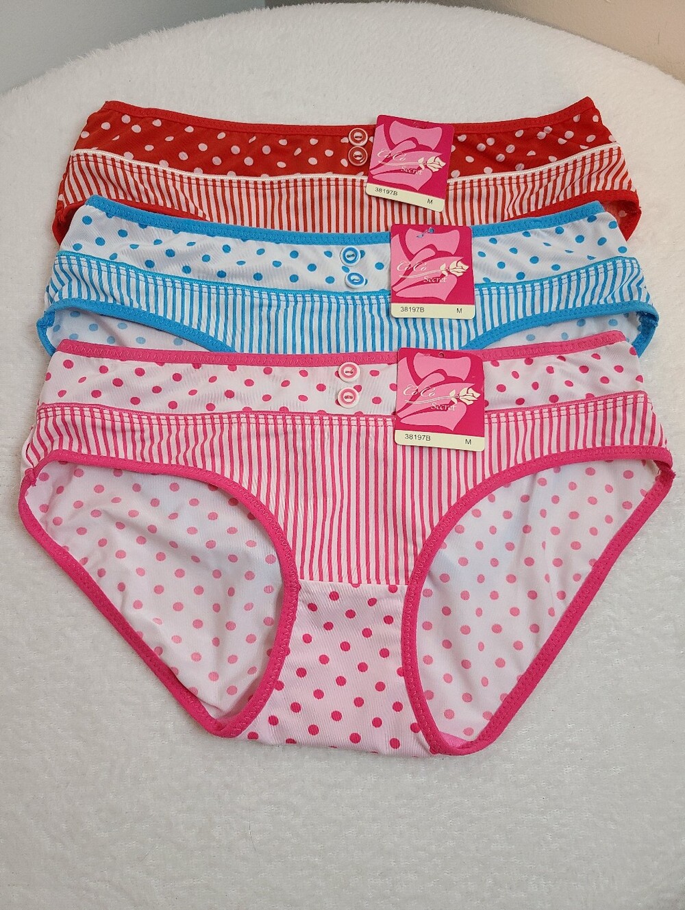 Y2K Coco Secret 3pk Silky Nylon Polka Dot Stripe Button Hipster Panties Size M
